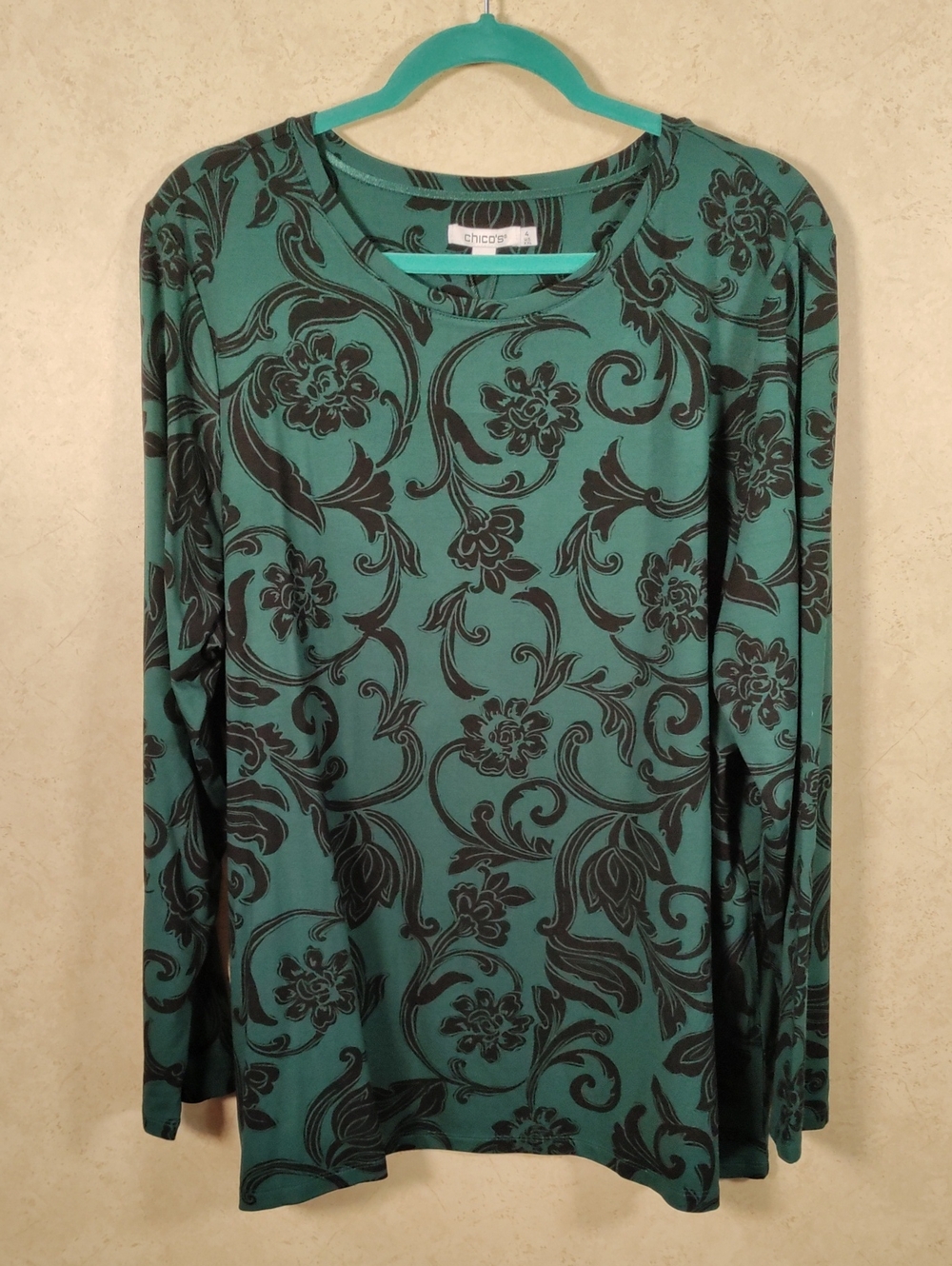 I132 Chico's Touch Of Cool Dark Green & Black Floral Long Sleeve Tee 4 XXL $50
